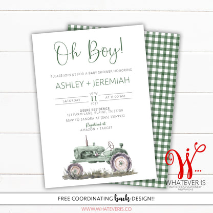 Green Tractor Baby Shower Invitation | Tractor Baby Shower | Tractor Invitation | Farm Baby Shower Invitation | Farm Baby | Oh Boy Tractor