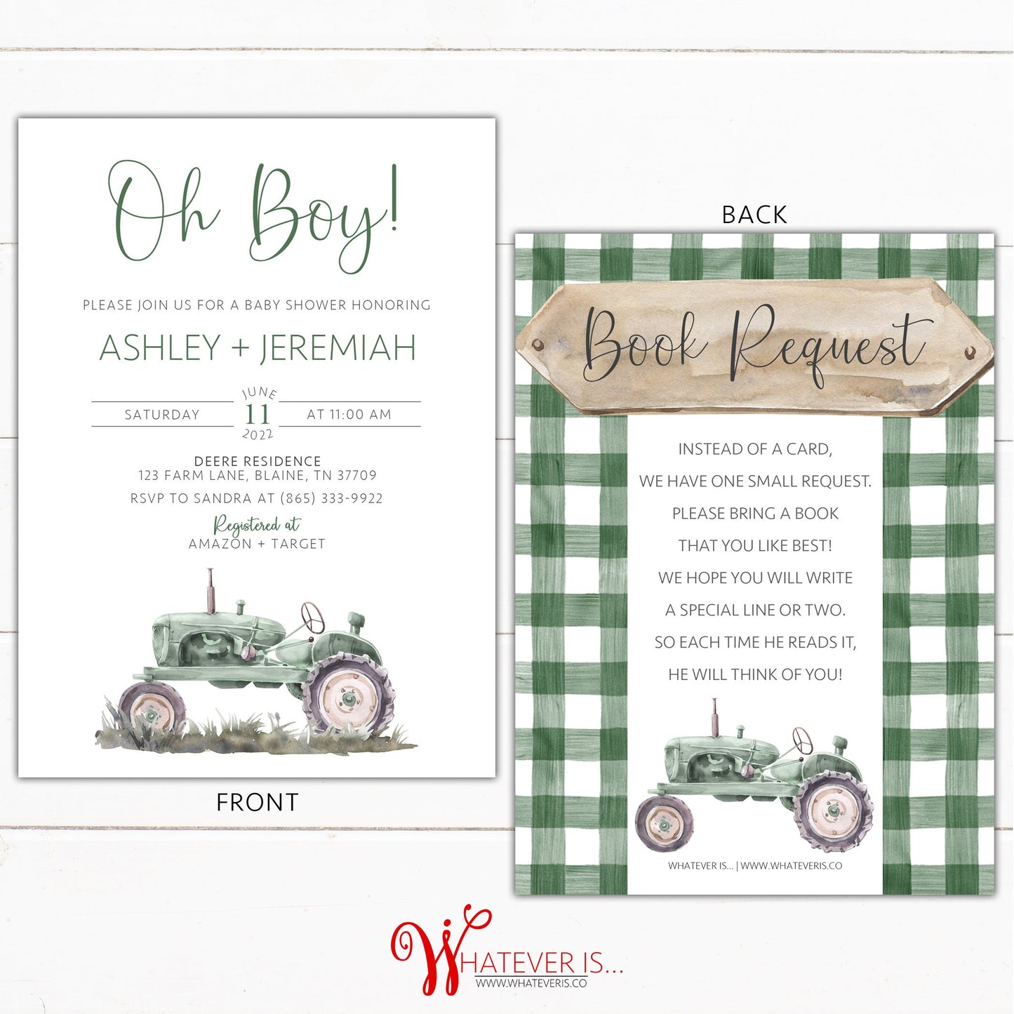 Green Tractor Baby Shower Invitation | Tractor Baby Shower | Tractor Invitation | Farm Baby Shower Invitation | Farm Baby | Book Request