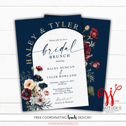 Rustic Wildflower Bridal Shower Invitations |  Navy Floral Bridal Shower Invitation | Navy and Maroon Floral Bridal Shower | Bridal Brunch